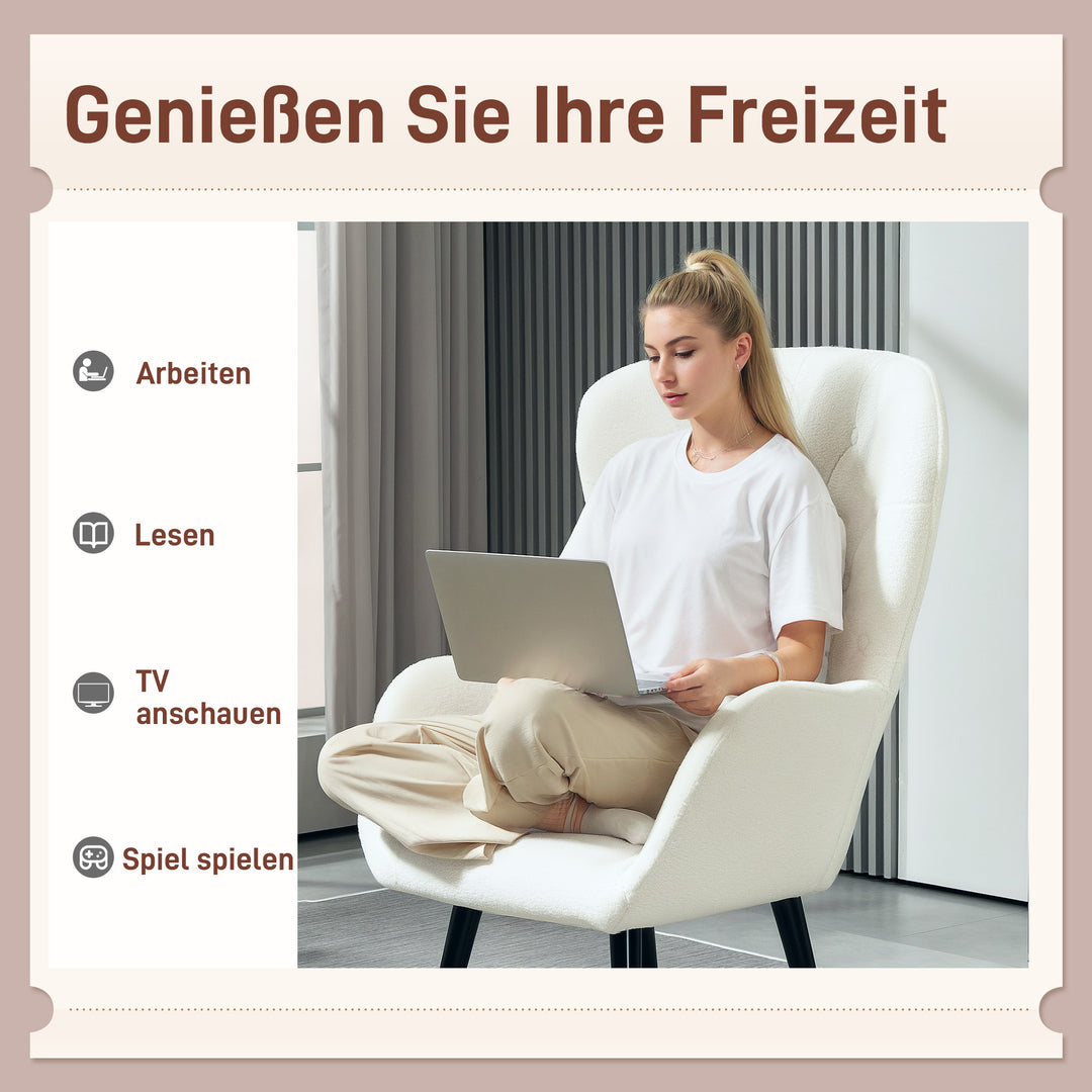 Polstret lænestol med diamantquiltning, betræk af teddystof, med dekorativ hynde, 88 x 75 x 106 cm, hvid