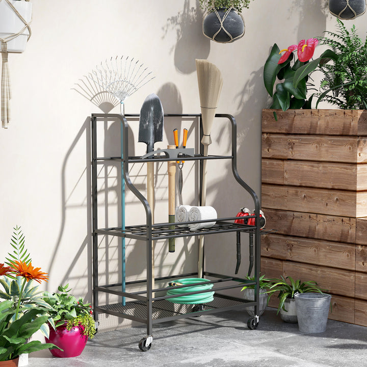 3-lags haveredskabsorganisator med kroge, lasteevne op til 40 kg, 77x40x97cm, sort