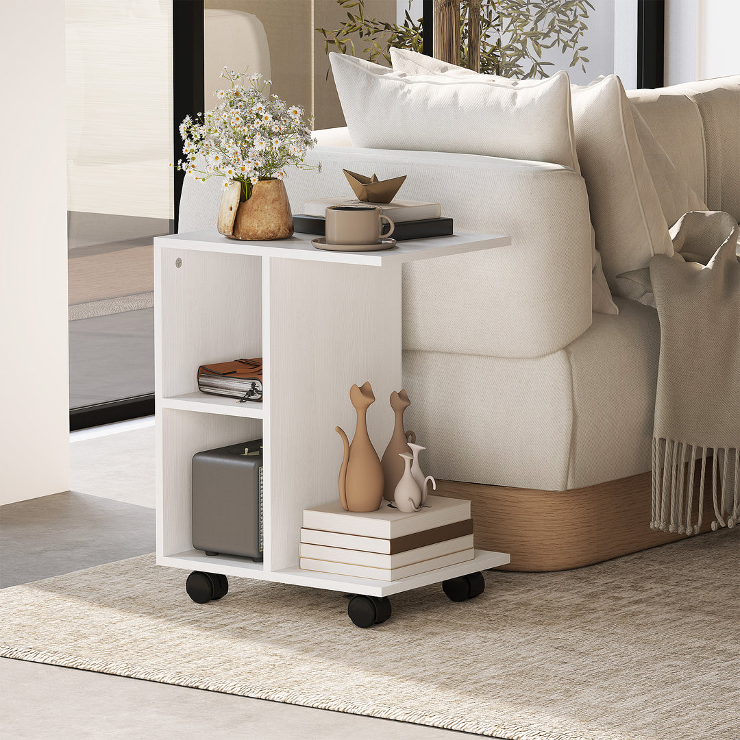 C-formet sidebord, sofabord, hjørneskrivebord, med hjul, e1 spånplade, 45 x 35 x 58 cm, hvid