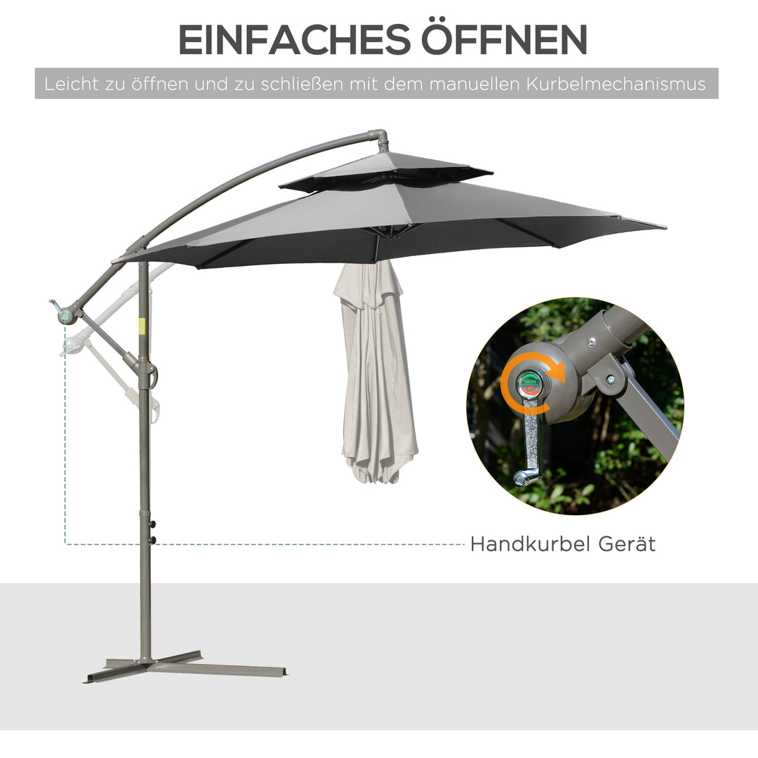 Parasol fritbærende parasol ø2,67 x 2,45 m svingparasol med dobbelt tag krydsfod stål udendørs solbeskyttelse polyester stål lysegrå