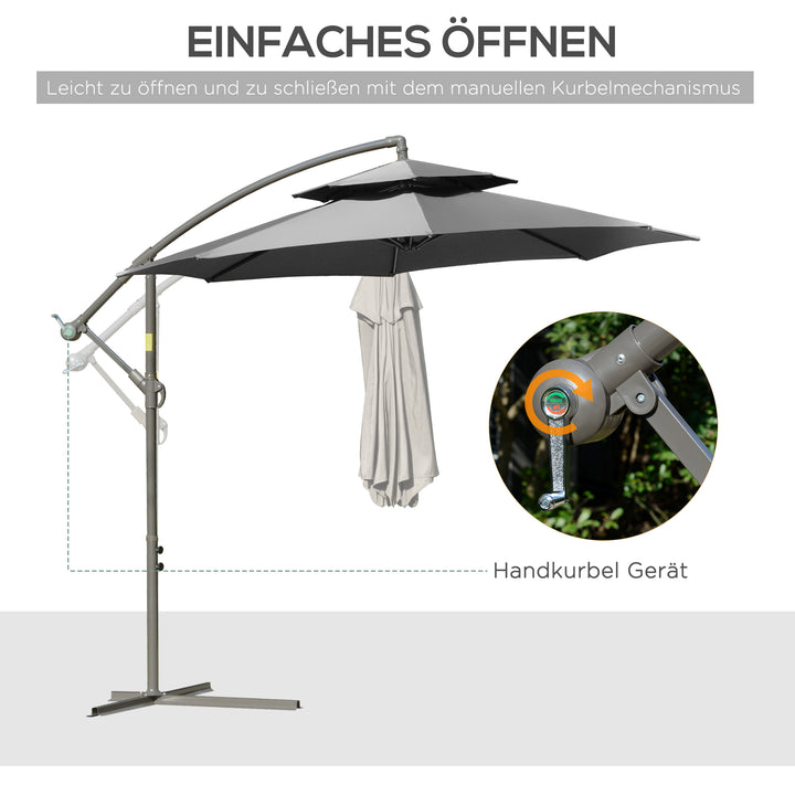 Parasol fritbærende parasol ø2,67 x 2,45 m svingparasol med dobbelt tag krydsfod stål udendørs solbeskyttelse polyester stål lysegrå