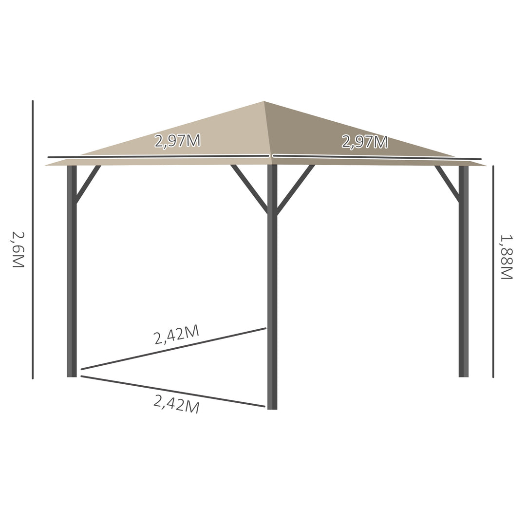 Havepavillon 3 x 3 m havetelttag med ventilationshuller partytelt med 4 sidepaneler vejrbestandig aluminium polyester khaki