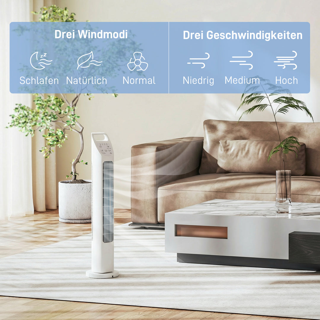 Tårnventilator med fjernbetjening, 7,5 timer, stille ventilator til soveværelset, hvid