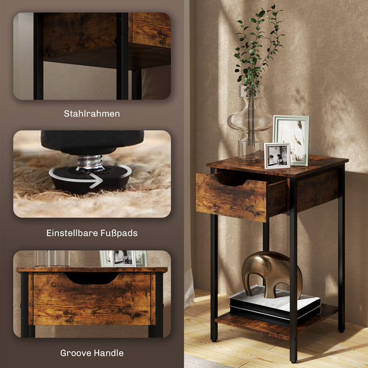 Sidebord i industriel stil med skuffe og opbevaringsrum, metalstel, træ, 40 x 40 x 68 cm, brun