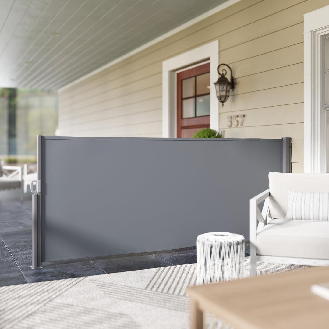Sidemarkise, udtrækkelig, uigennemsigtig privatlivsskærm med vægbeslag, belægning, 300x140 cm, mørkegrå