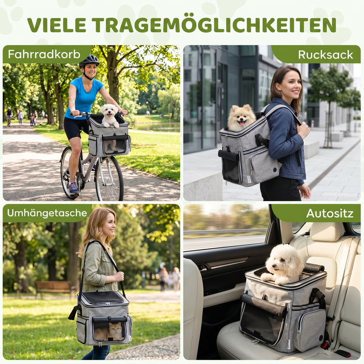 Bærbar frontmonteret hundekurv til cykler, med sikkerhedsline, hynde og skål til små hunde op til 5 kg, lysegrå.