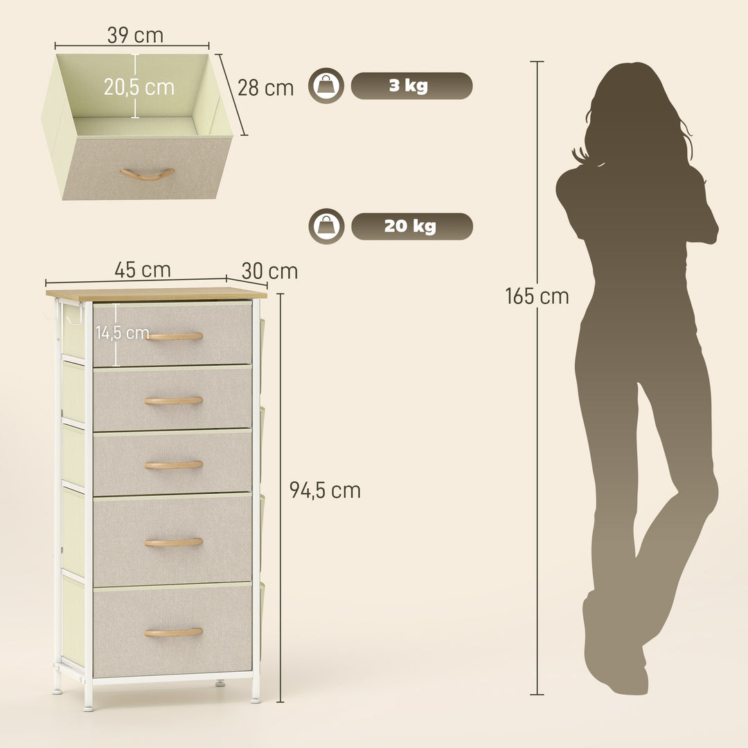 Kommode med 5 skuffer i fiberdug med kroge, beige