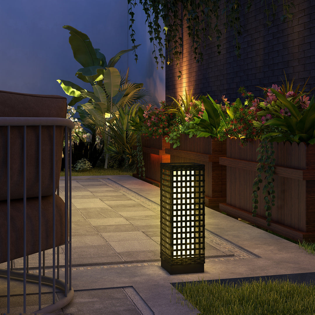 Udendørslampe med solpanel, automatisk tænding, 8 timers driftstid, rottinglook, stål, 15,5 x 15,5 x 46 cm, sort