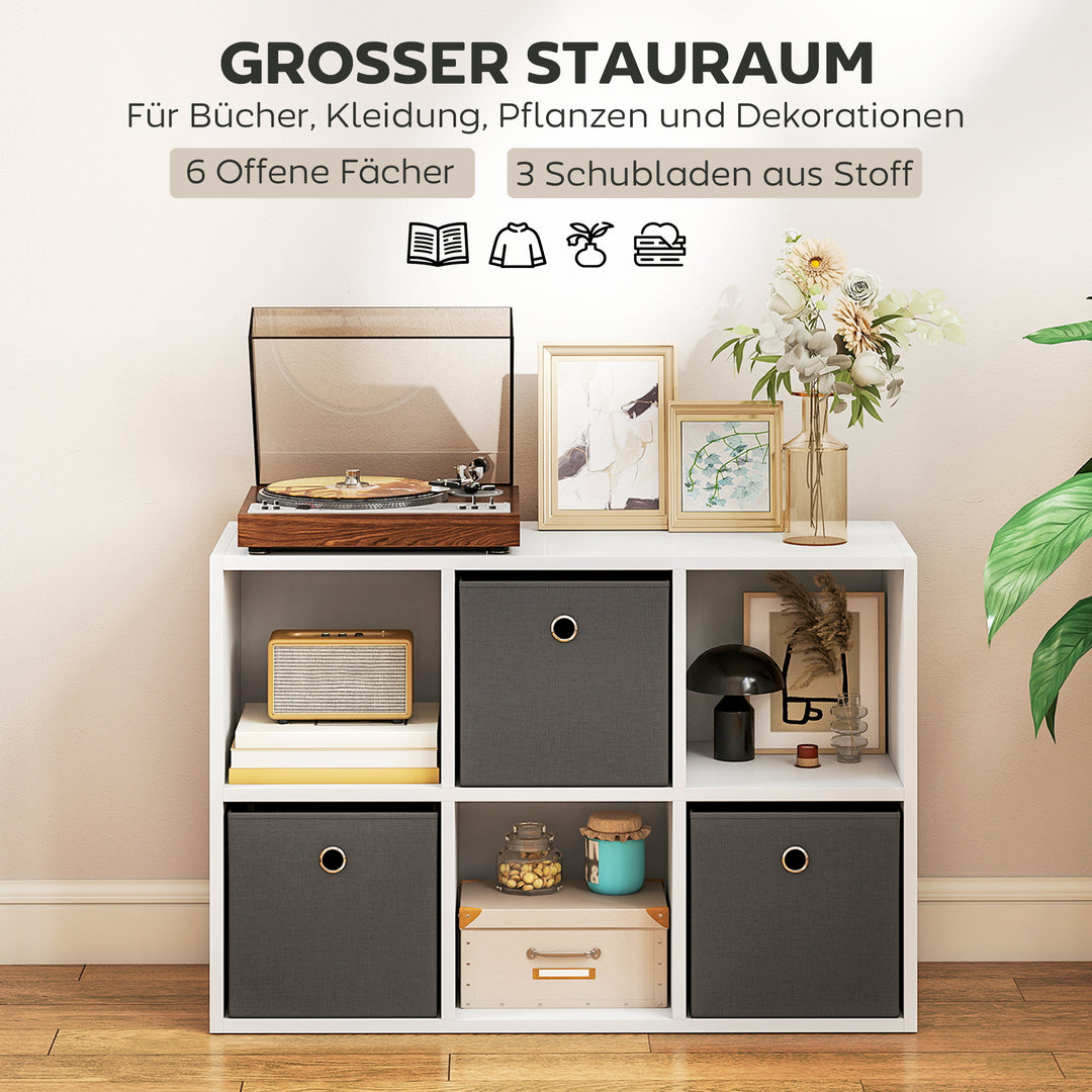 Opbevaringsmøbel med 6 niveauer og 3 stofskuffer, alsidig grå