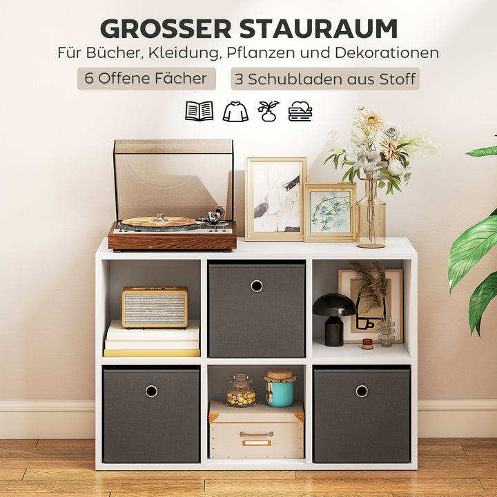 Opbevaringsmøbel med 6 niveauer og 3 stofskuffer, alsidig grå