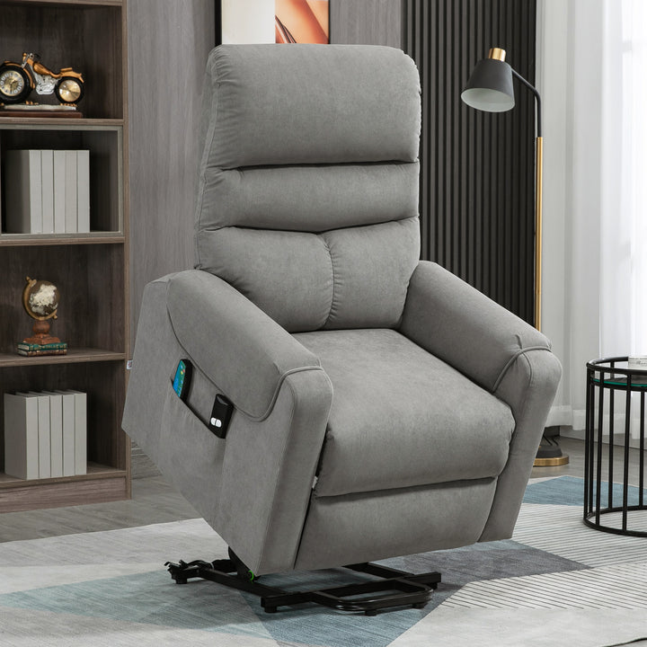 Tv-stol med elektrisk hæve-sænke, massagestol med lænefunktion og varmefunktion, afslapningsstol med fjernbetjening og sidelomme, justerbart polyesterstof, mørkegrå