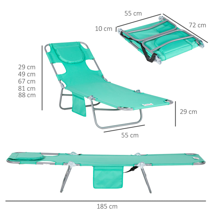 Havestol, liggestol med polstret ansigtsåbning, udendørs massagebord, sidelomme, stof, metal, grøn