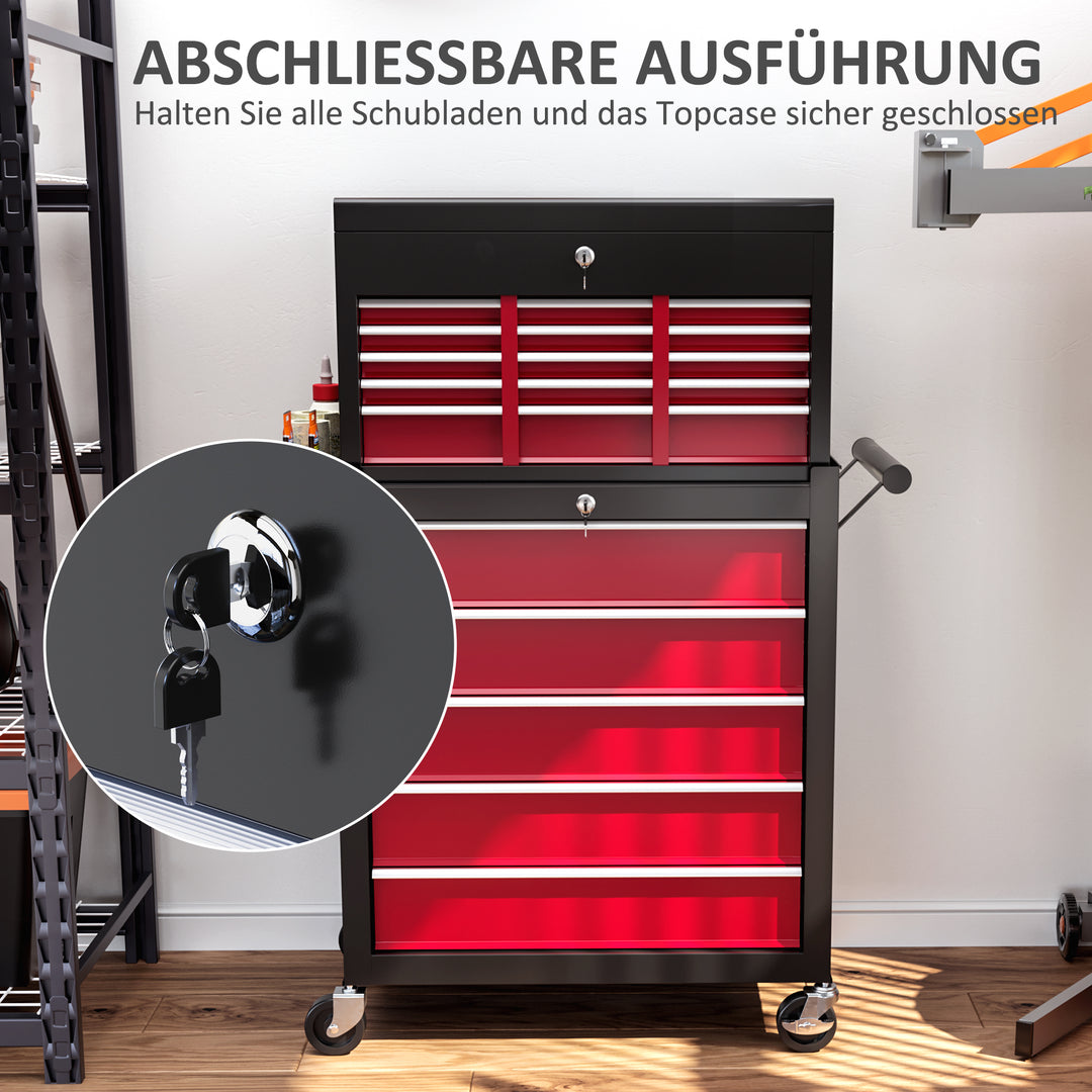 Værktøjsvogn, todelt, aflåselig, 14 skuffer, perforeret panel, stål, rød