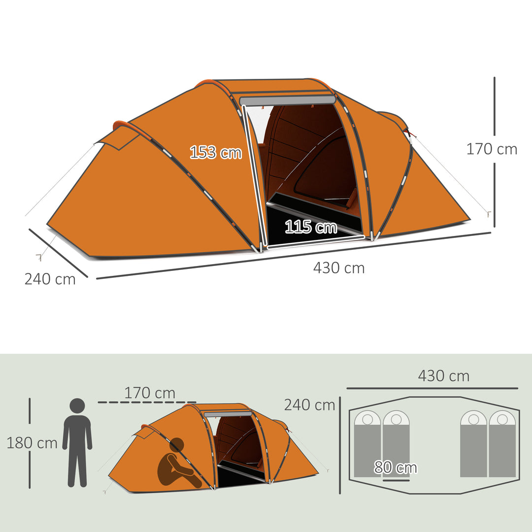 Tunneltelt til 4-6 personer, campingtelt med dør, bund, 2000 mm vandtæt, orange