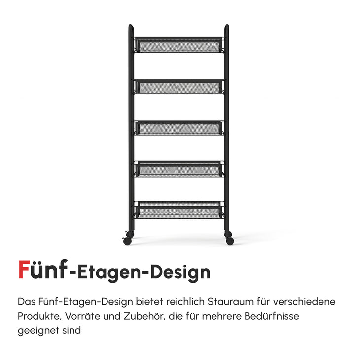 Køkkenvogn med 5 trådkurve, 4 kroge, 4 hjul, 2 håndtag, stål/plast, 45 x 26,5 x 106 cm, hvid