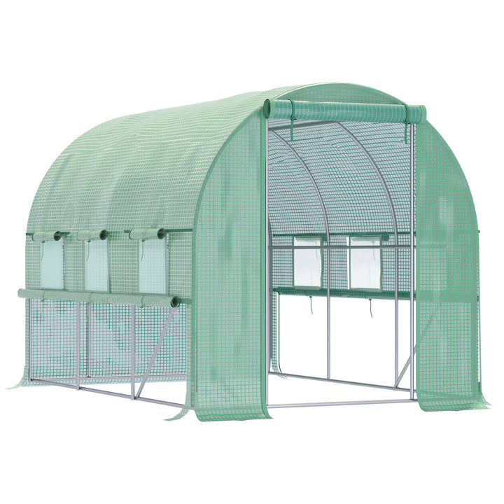 Polytunnel drivhus, 6 rullevinduer, lynlåsdør, ramme i rustfrit stål, 2,95 x 2 x 2 m, grøn
