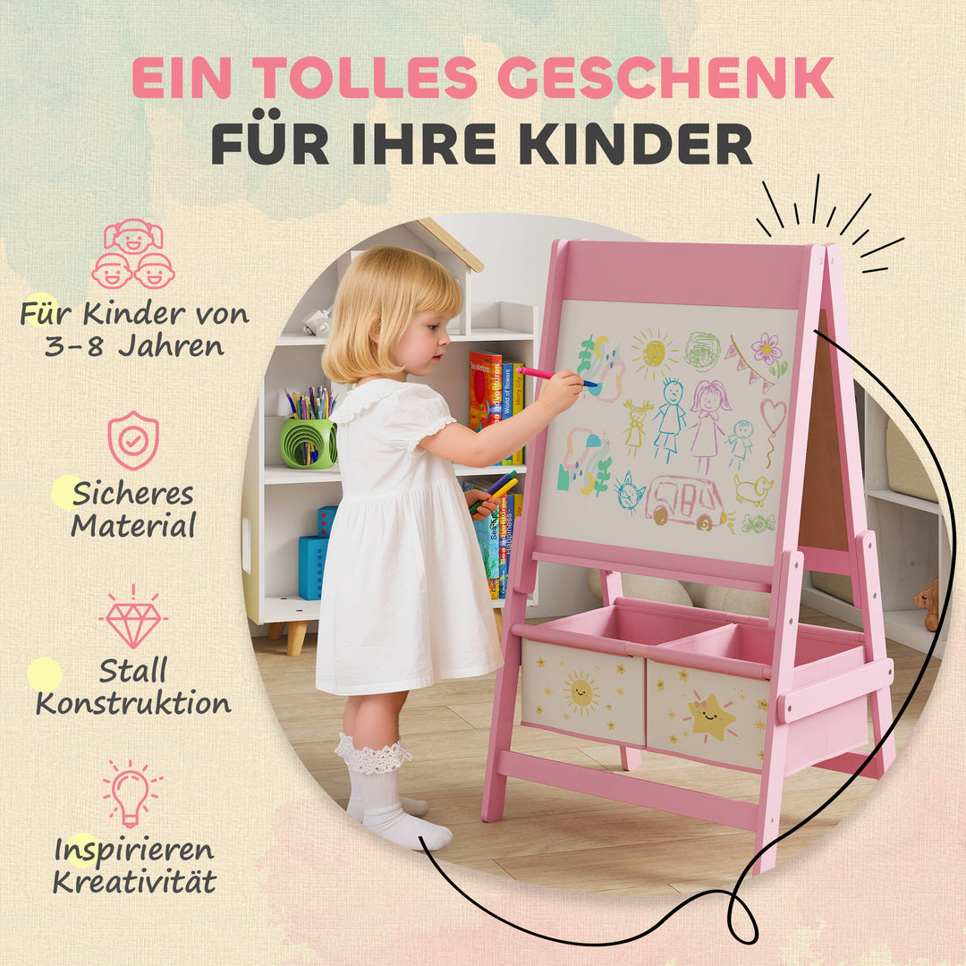 Børnestaffeli 3 i 1 børnetavle med tavle, whiteboard, papirrulle, 2 opbevaringskasser, til 3-8 år, lyserød
