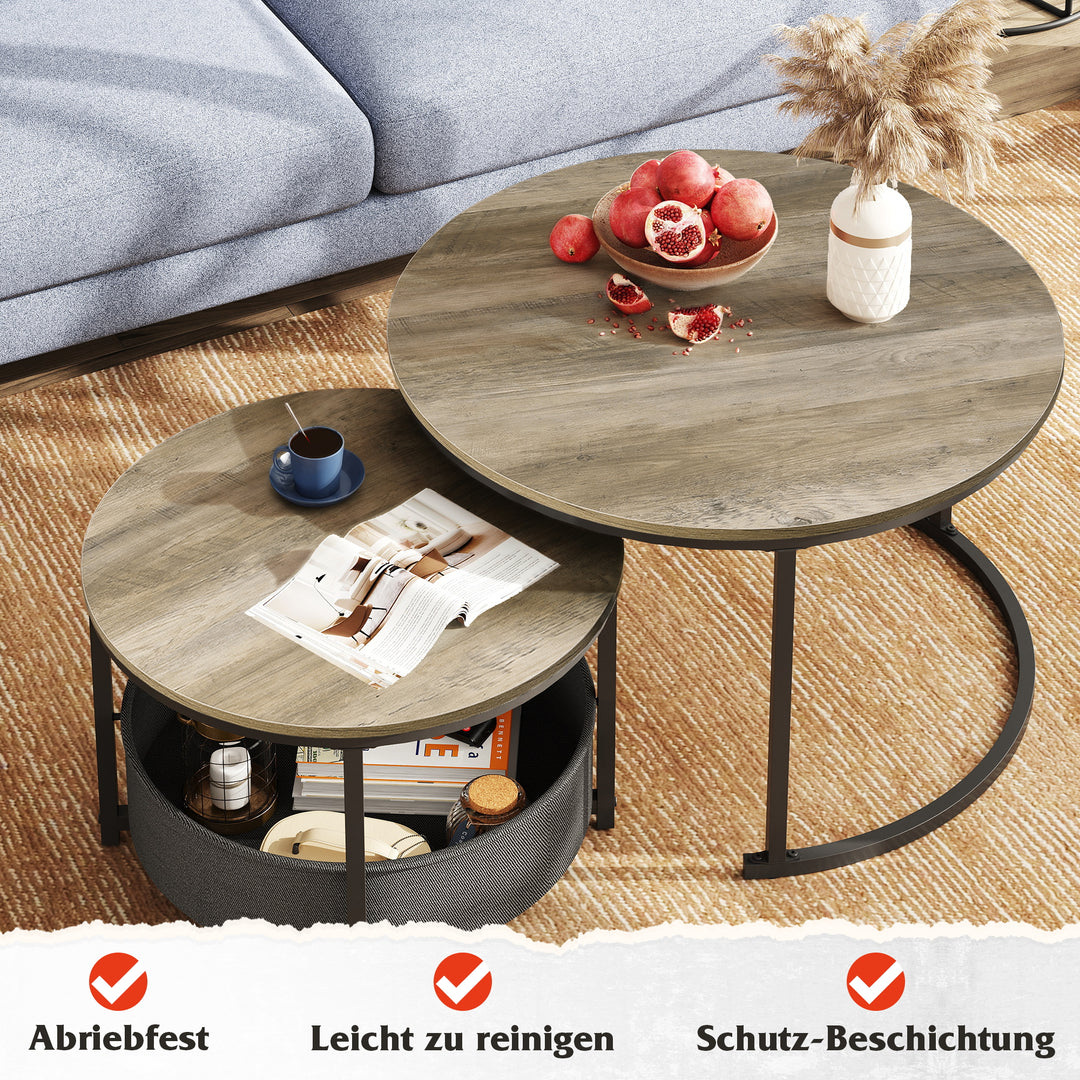 WLIVE rund dækkeservietsæt i to dele med moderne design og stofkurv, borddiameter 80 cm, velegnet til soveværelser og hjemmekontorer, grå eg