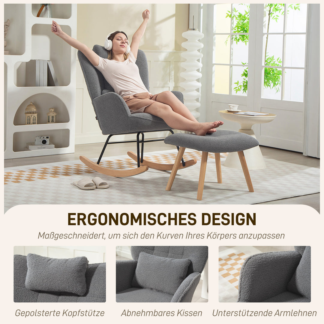 Gyngestol med fodskammel, blødt fleecebetræk, træben, hynde, høj ryg, gyngestol, mørkegrå