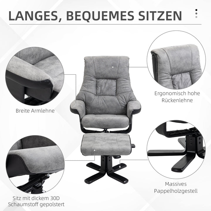 Lænestol med fodskammel, 360° drejelig, 135° lænefunktion, åndbart betræk, 78 x 82,5 x 109 cm, grå