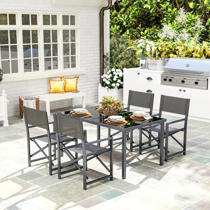 5-Delt spisebordssæt i stål til 4 personer, spisebord med 4 klapstole og glasbord i grå