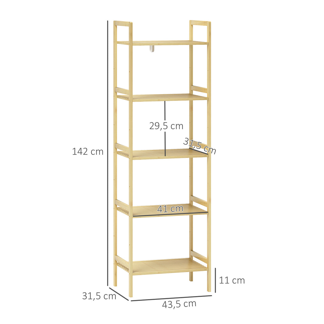 Badeværelseshylde i bambus med 5 niveauer, opbevaringsstativ med justerbare hylder, 43,5 x 31,5 x 142 cm, naturtræ