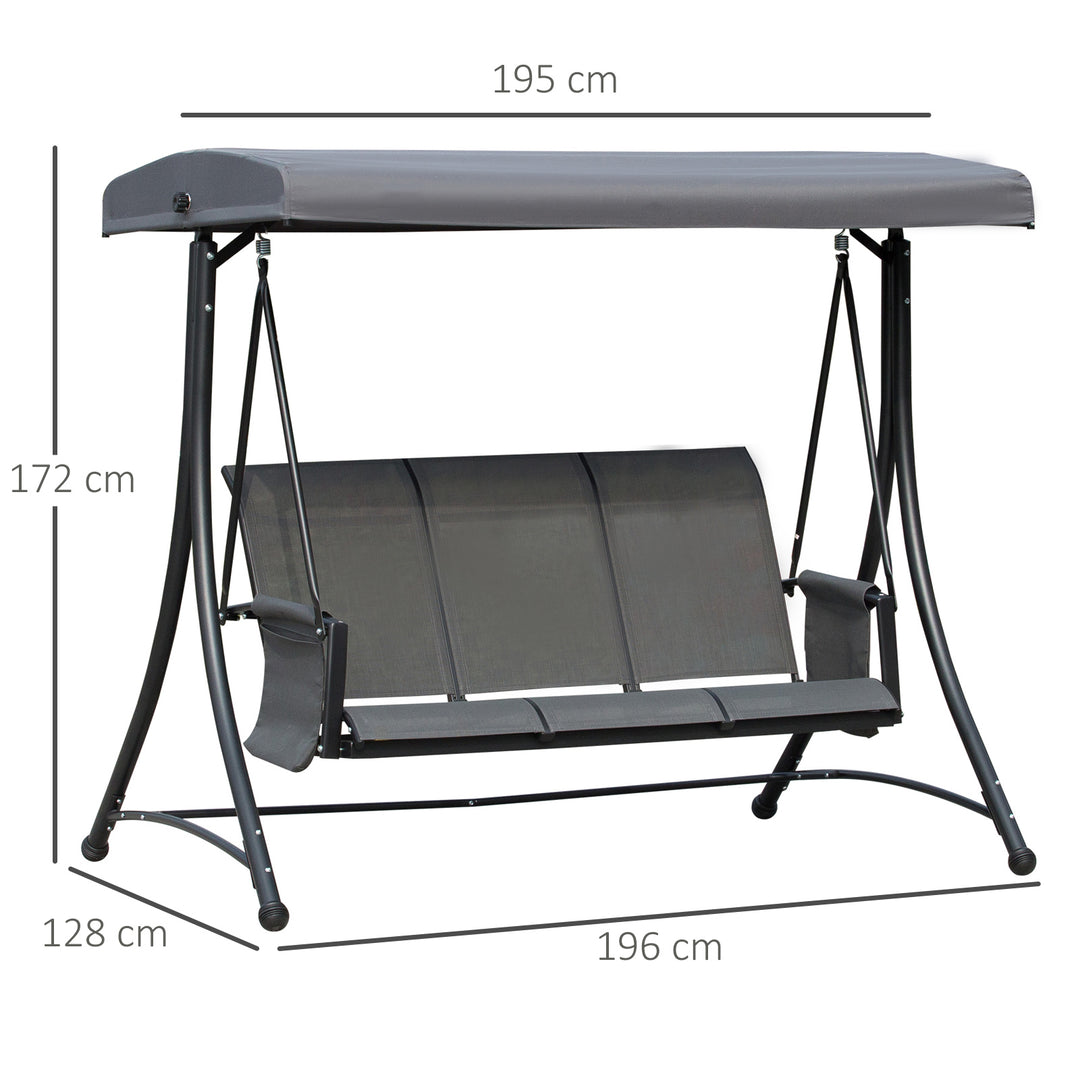 Hollywood-gynge med sidelomme, 3-personers havegynge med justerbar solskærm, gyngebænks bæreevne op til 300 kg, til have, terrasse, 196 x 128 x 172 cm, mørkegrå