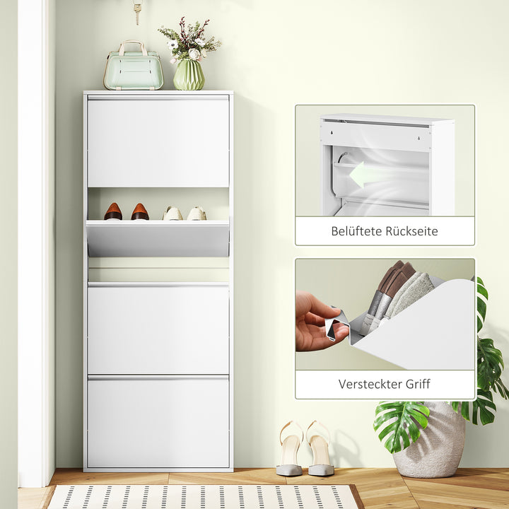 Slim metalskoskab til op til 8 par sko, 4 vippeskuffer, til entré, hvid