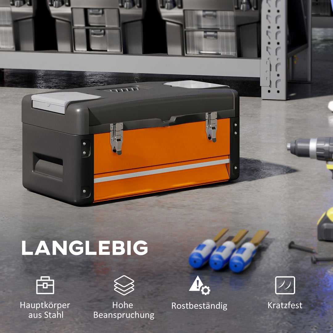Tom værktøjskasse, 49,7 x 25,3 x 23 cm værktøjskasse med skuffe, minikasse stål orange
