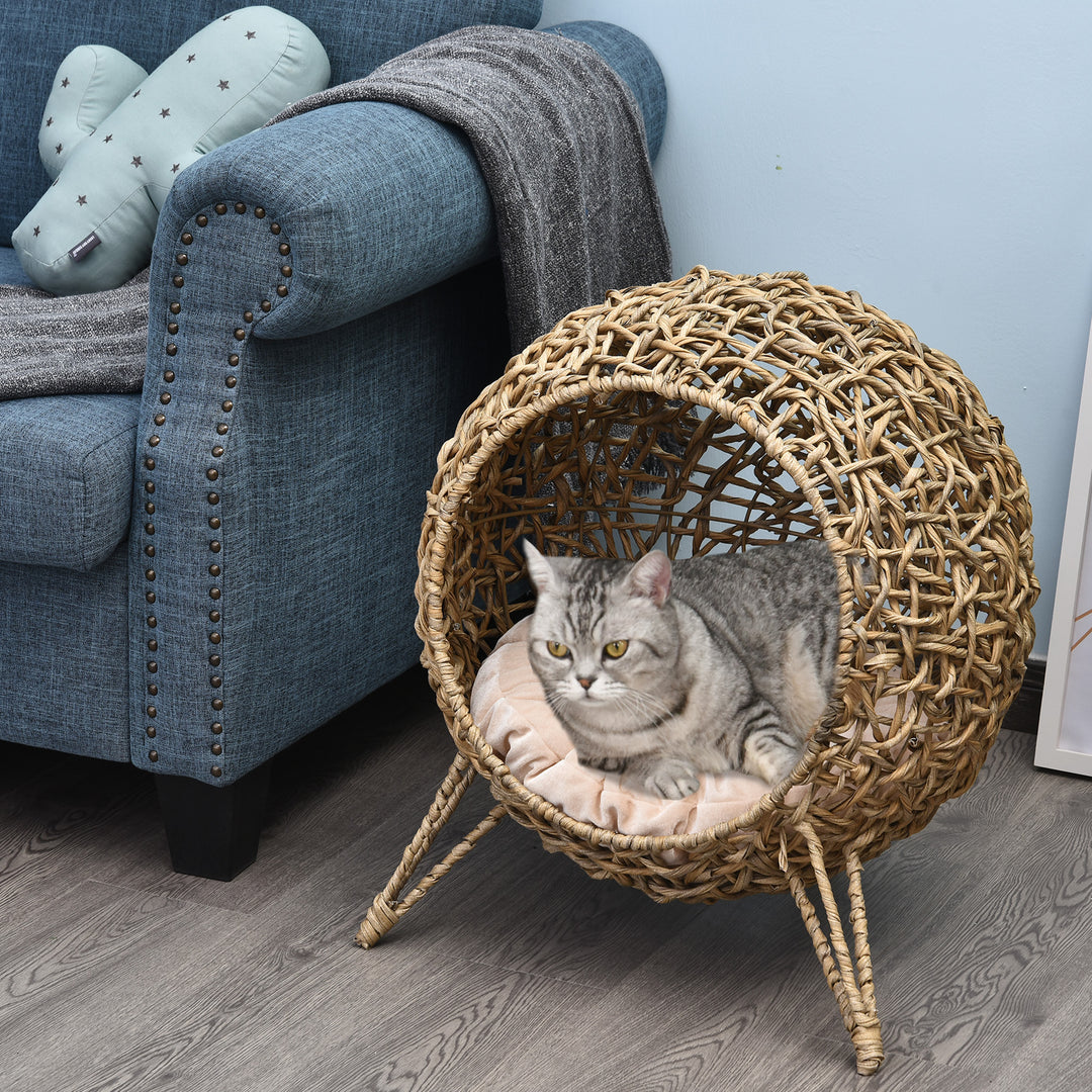 Rattan kattehus med hynde, katteseng, kattehule med hævede fødder, naturlig, Ø52 x 58 cm