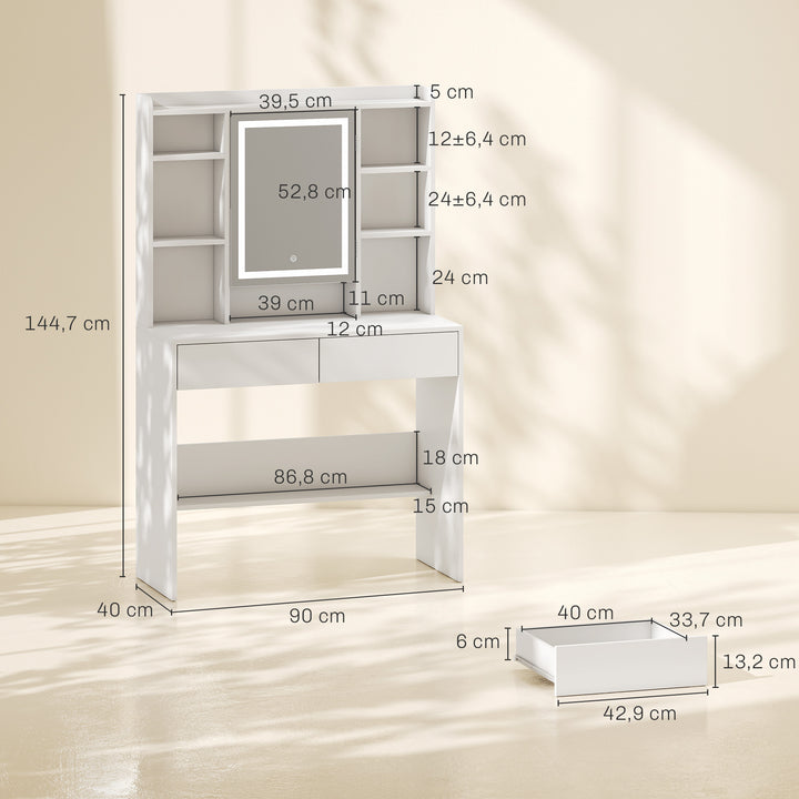 Toiletbord med spejlskab, LED-belysning, 2 skuffer, hvid