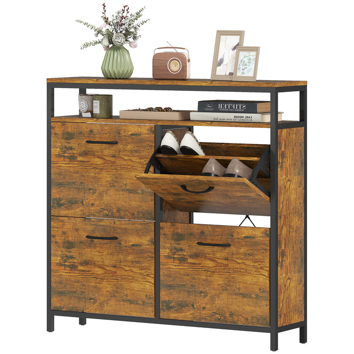 Skoskab med 4 sammenklappelige skuffer, slankt design, åben hylde, til 12-20 par sko, stål, brun