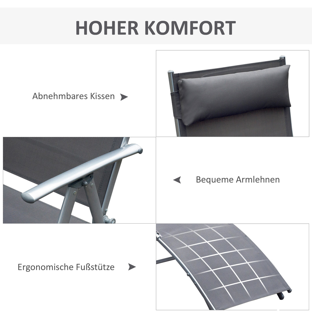 Sammenklappelig liggestol/strandstol med hynde, liggestol med 7-positioners justerbar ryglæn, havestol/afslappende liggestol/havestol, lasteevne op til 165 kg, til have, ferie, udendørs, strand, pool, grå