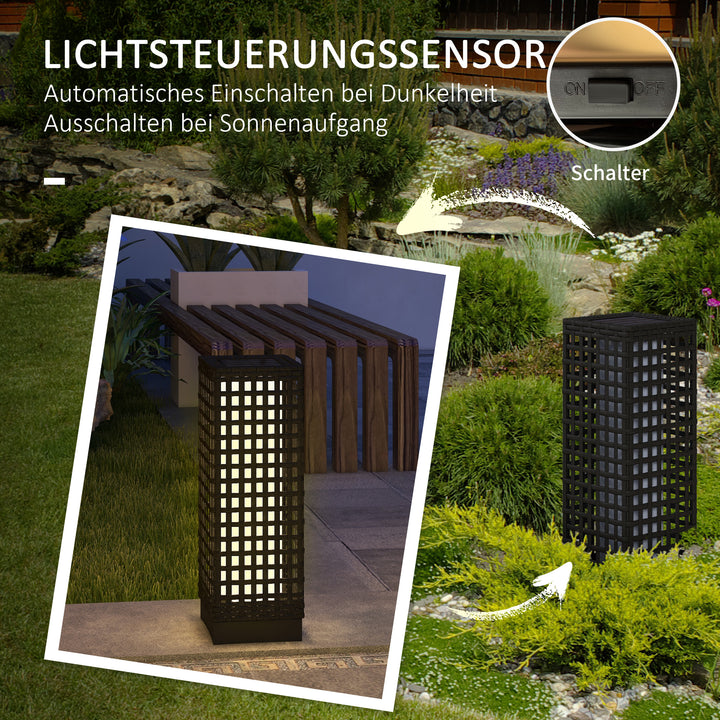Udendørslampe med solpanel, automatisk tænding, 8 timers driftstid, rottinglook, stål, 15,5 x 15,5 x 46 cm, sort