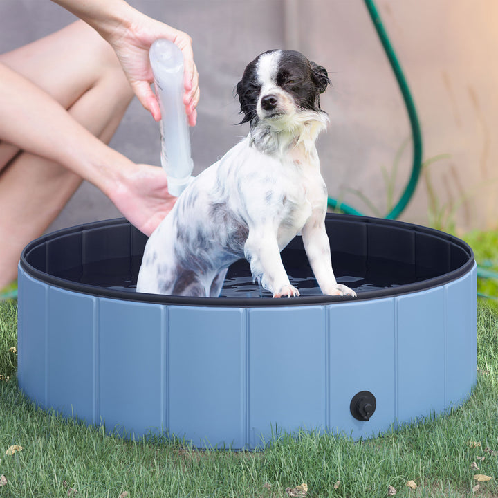 Sammenklappeligt hundebadekar, hundepool, swimmingpool, børnepool, badekar til hunde og katte, vandbassin af plastik og træ, Ø100 x H30 cm, blå