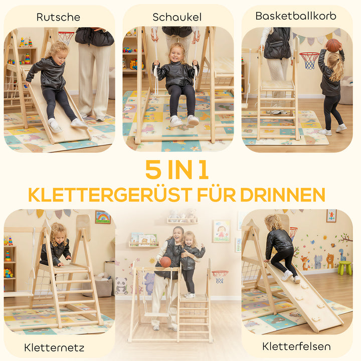 5-i-1 indendørs klatrestativ med rutsjebane, gynge, klatrenet, basketballkurv, foldbar, 3-6 år, naturtræ