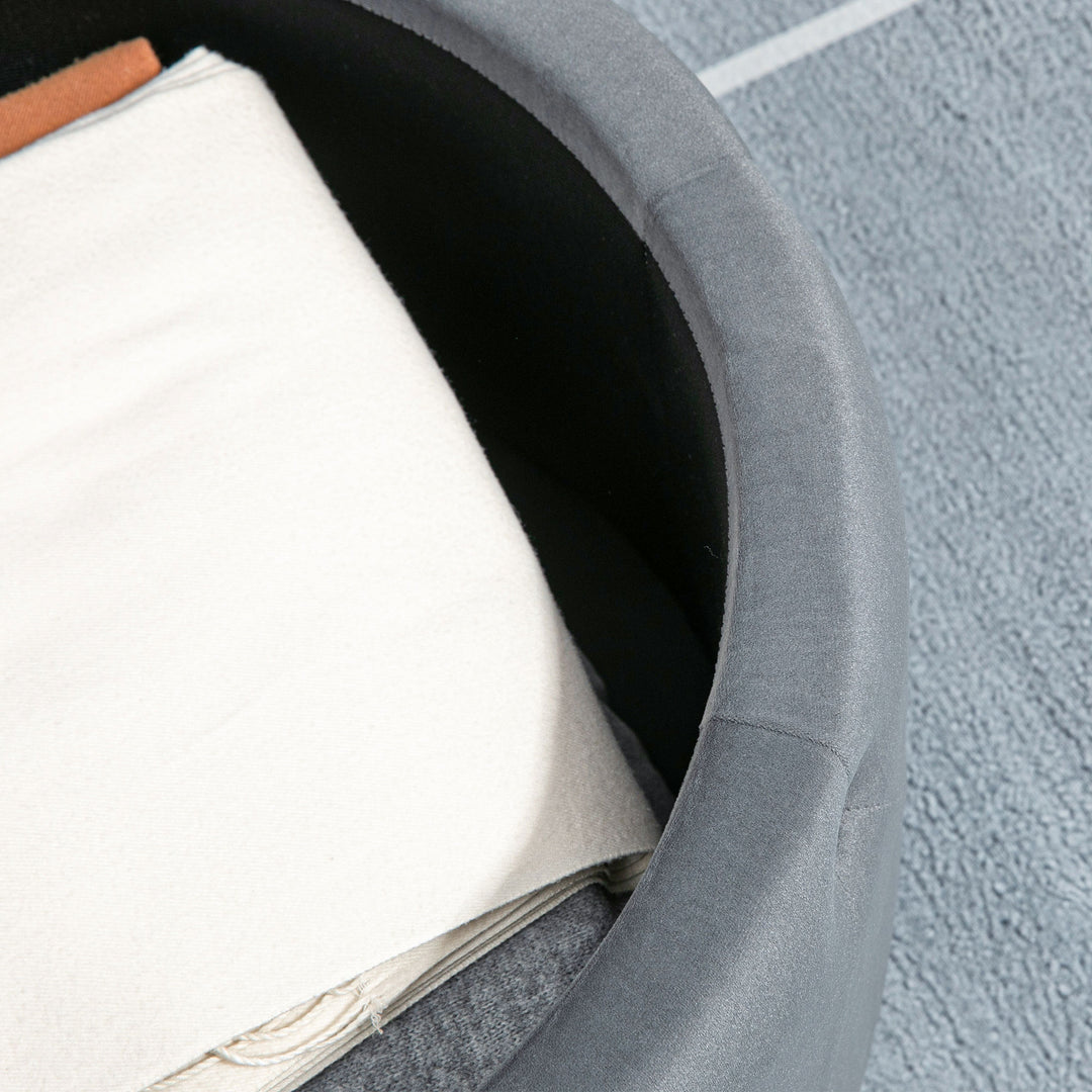 Rund skammel med opbevaringsrum, quiltet design med knapper, betræk i fløjlslook, grå, 60 x 60 x 40 cm