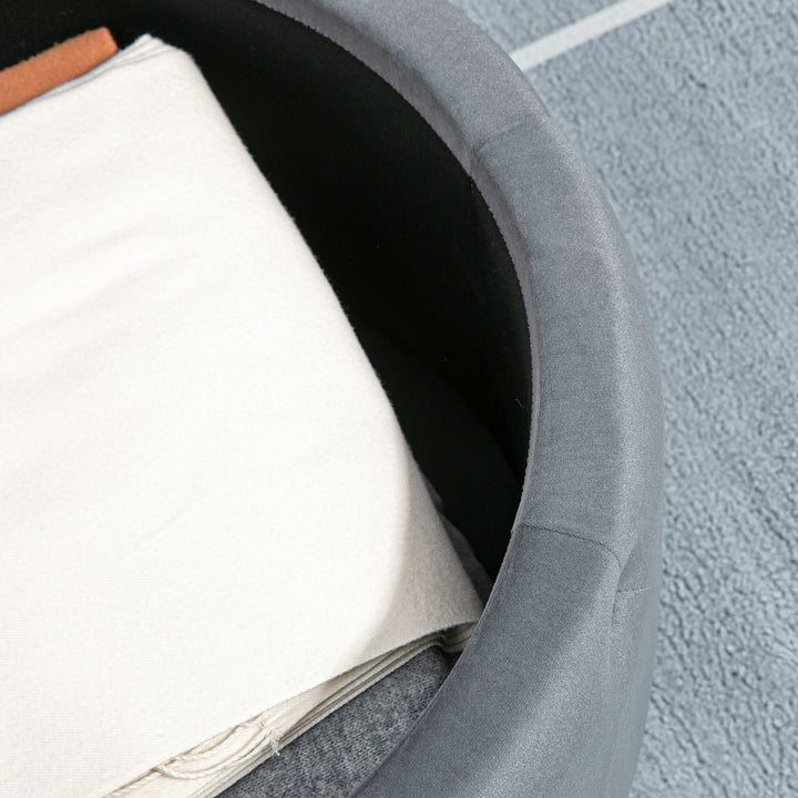 Rund skammel med opbevaringsrum, quiltet design med knapper, betræk i fløjlslook, grå, 60 x 60 x 40 cm