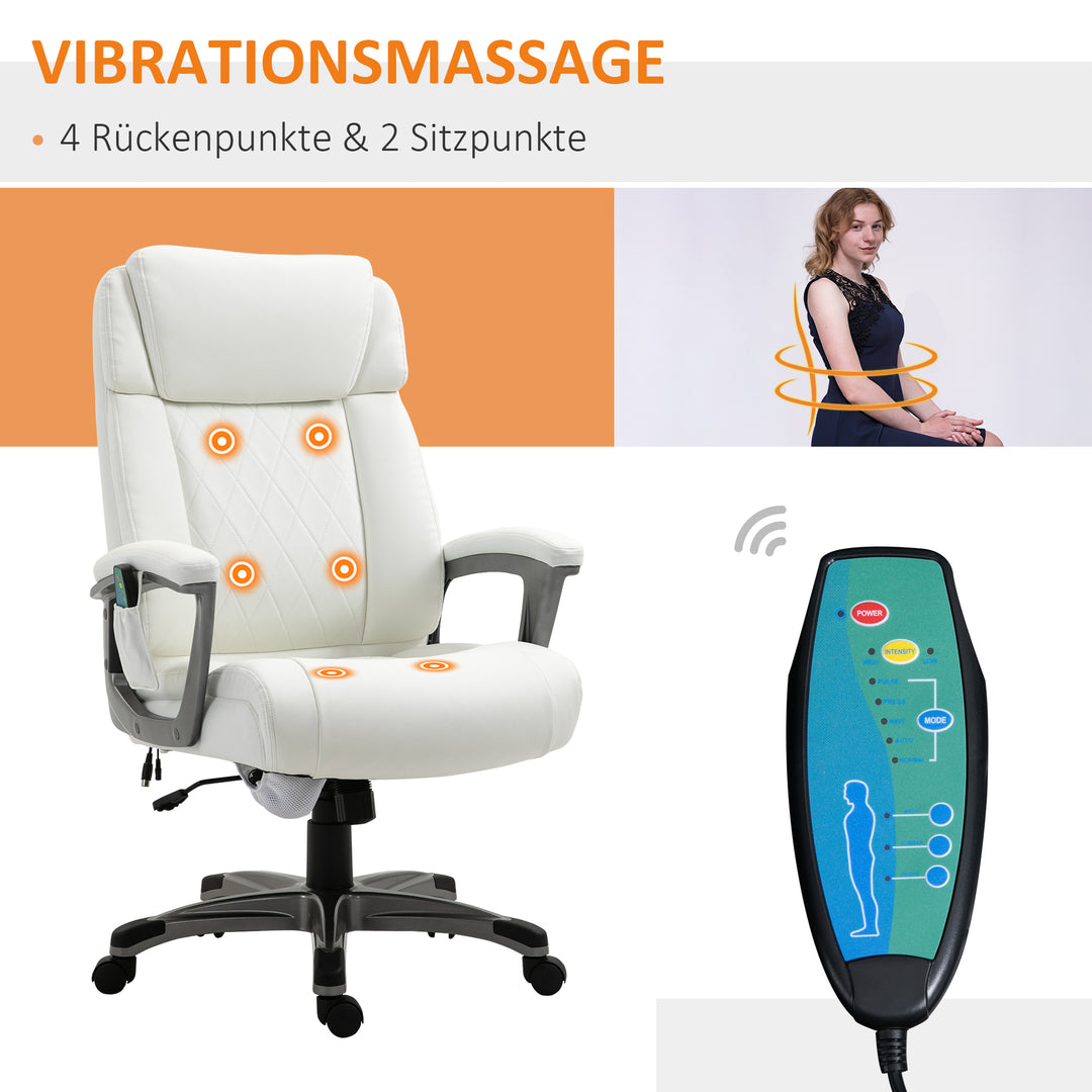 Massage kontorstol 6-punkts massage drejestol ergonomisk stol justerbar kunstlæder med buet nakkestøtte og armlæn hvid 70 x 76,5 x 114-124 cm