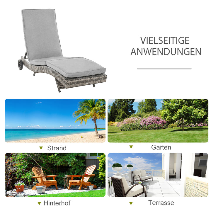 Polyrattan liggestol, havestol med hynde, justerbar i 5 positioner, rattan liggestol, havemøbler, S-formet liggestol, metal, grå, 207 x 70 x 70 cm