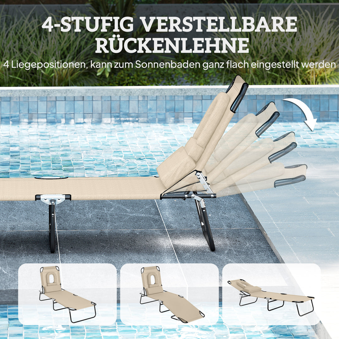 Solseng med hul til ansigtet og hynde, foldbar, vandafvisende betræk, metalstel, beige