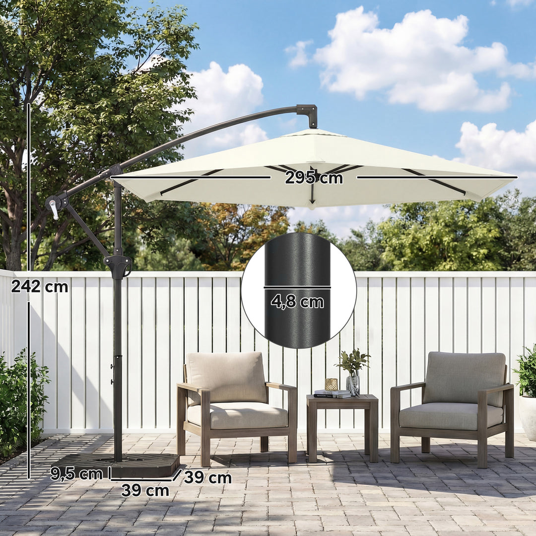 Fritstående parasol ca. Ø300 cm, solskærm med låsemekanisme, håndsving, stativ, vægte, cremehvid