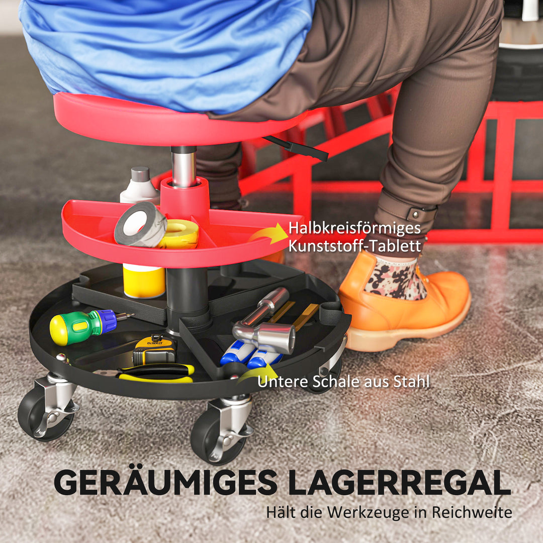 Værkstedsskammel med hjul, bakker, højdejusterbar 40-51 cm rullende skammel, belastningskapacitet op til 135 kg, rød