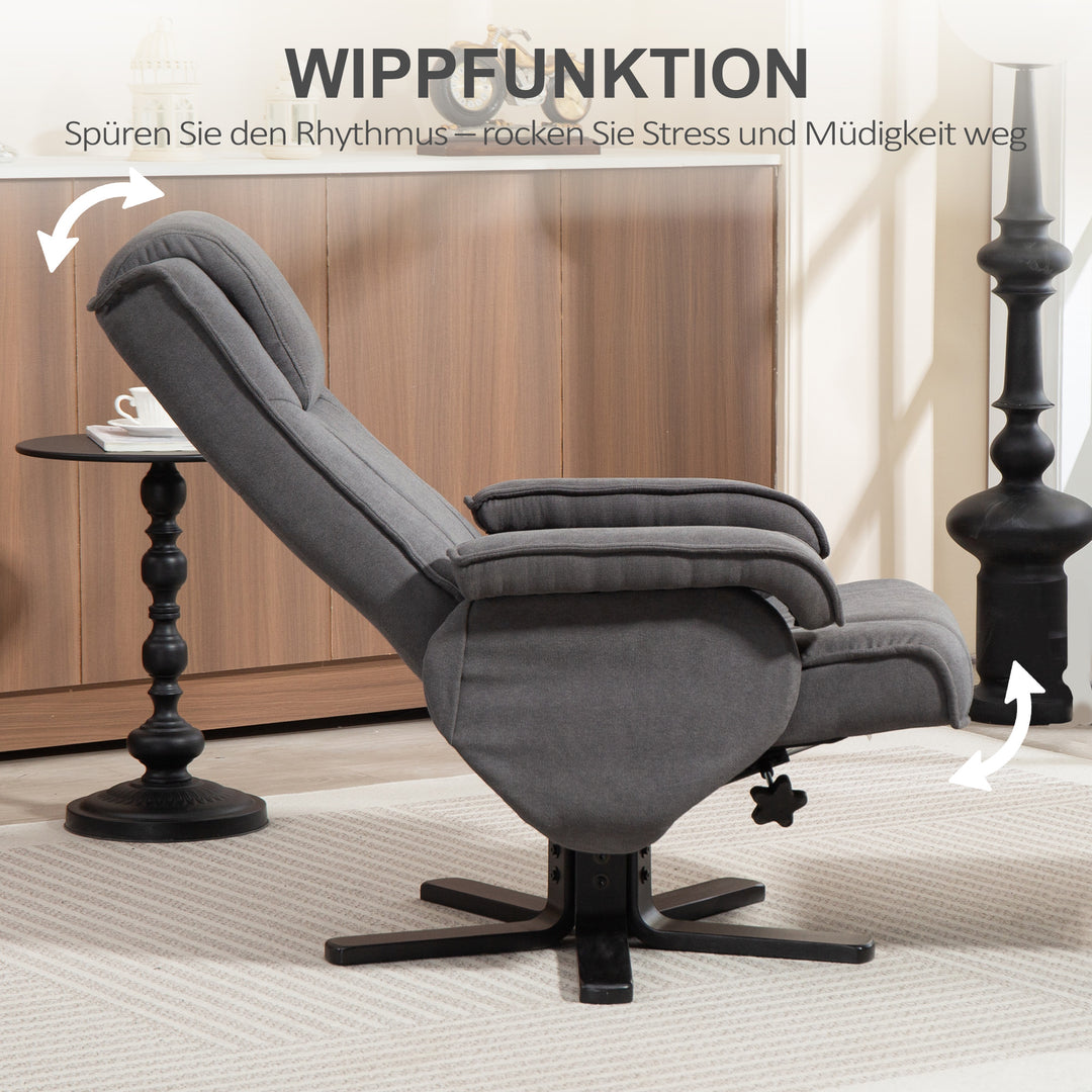 Gyngestol med fodskammel, betræk af fløjlsstof, drejestol med polstring, træstel, grå