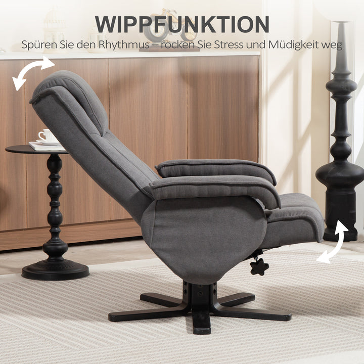Gyngestol med fodskammel, betræk af fløjlsstof, drejestol med polstring, træstel, grå