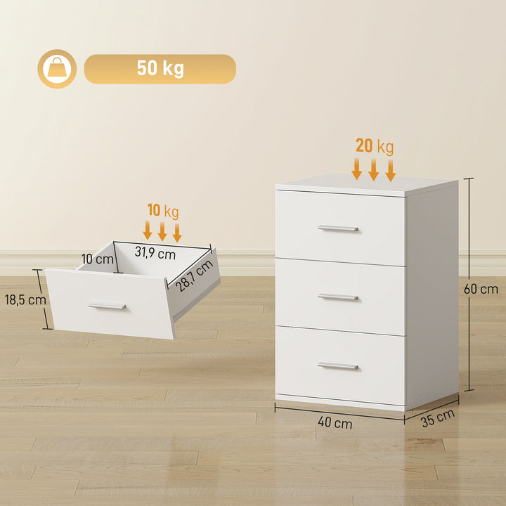 Natbord med 3 skuffer, sidebord til soveværelse, MDF, hvid