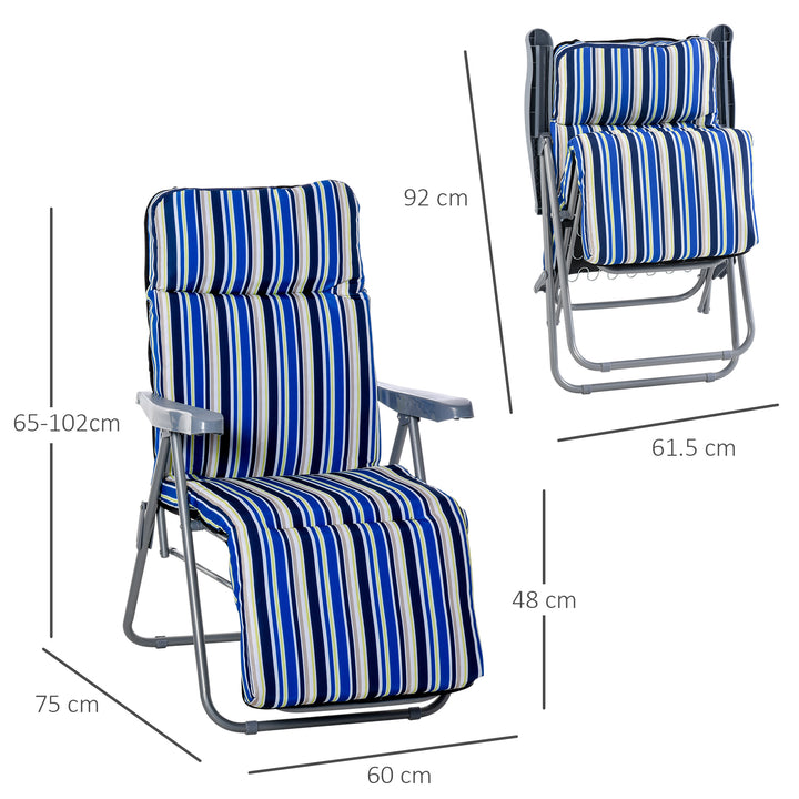 Sæt med 2 foldbare liggestole med hynder, justerbar ryglæn med 5 positioner, havestol, havemøbelsæt, stål, polyester, blå, 60 x 75 x 65-102 cm