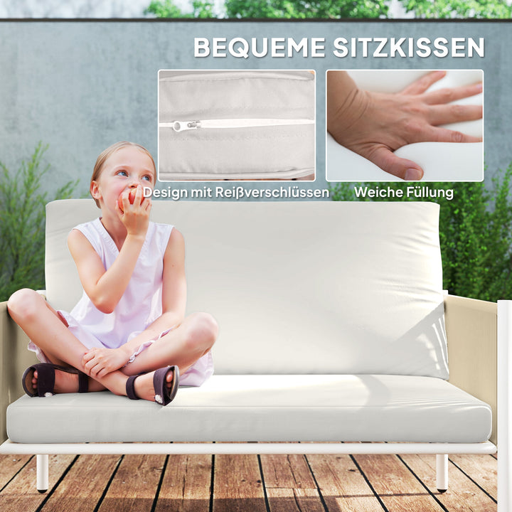 Havemøbelsæt af polyrattan loungesæt med 2-personers sofa, lænestol, glasbord, hynder til 4 personer, brun + grå