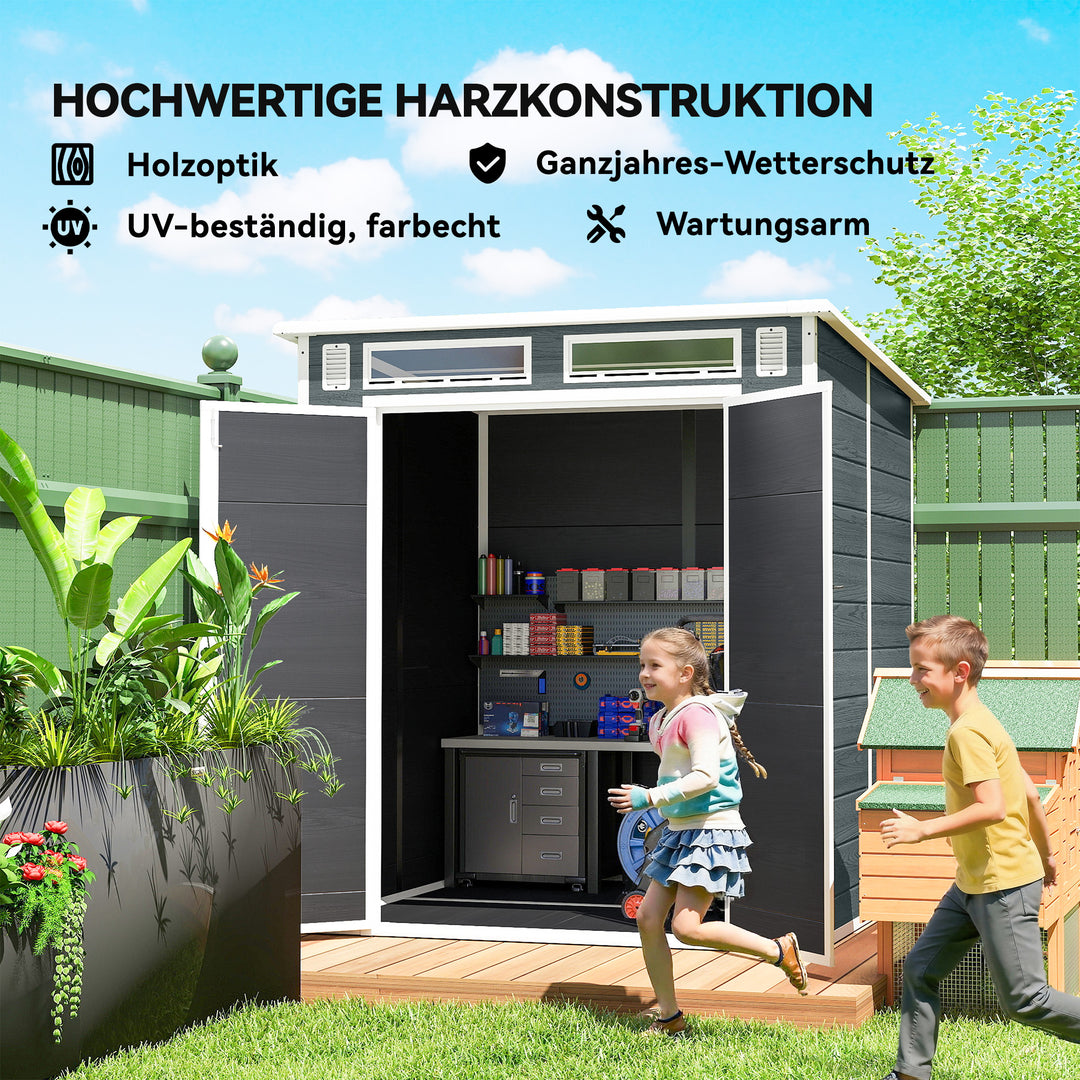 Haveskur 2,89 m², redskabsskur med trælook, 3 vinduer, dobbeltdør, ventilation, gulv, lås, 182 x 182 x 196 cm