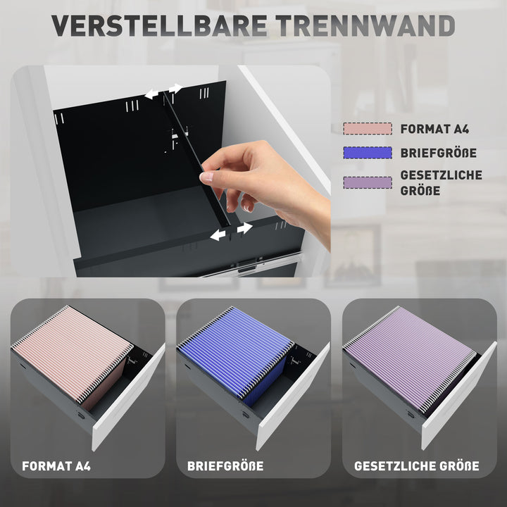 Mobilt arkivskab, skillevæg, centrallåselig, stålkabinet, 5 hjul, hvid, 39 x 48 x 67 cm